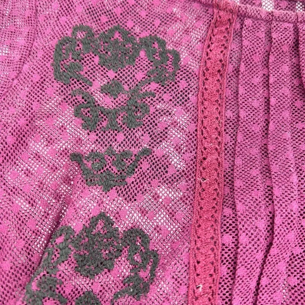 Free People FP Women's XS Plum Net Blouse Pleated Sheer Embroidered Bell Sleeve